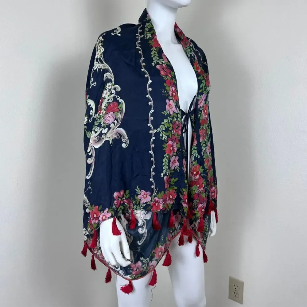 Johnny Was Size M Silk Tassel Wide Flared Sleeve Floral Mococo Boho Shrug Poncho